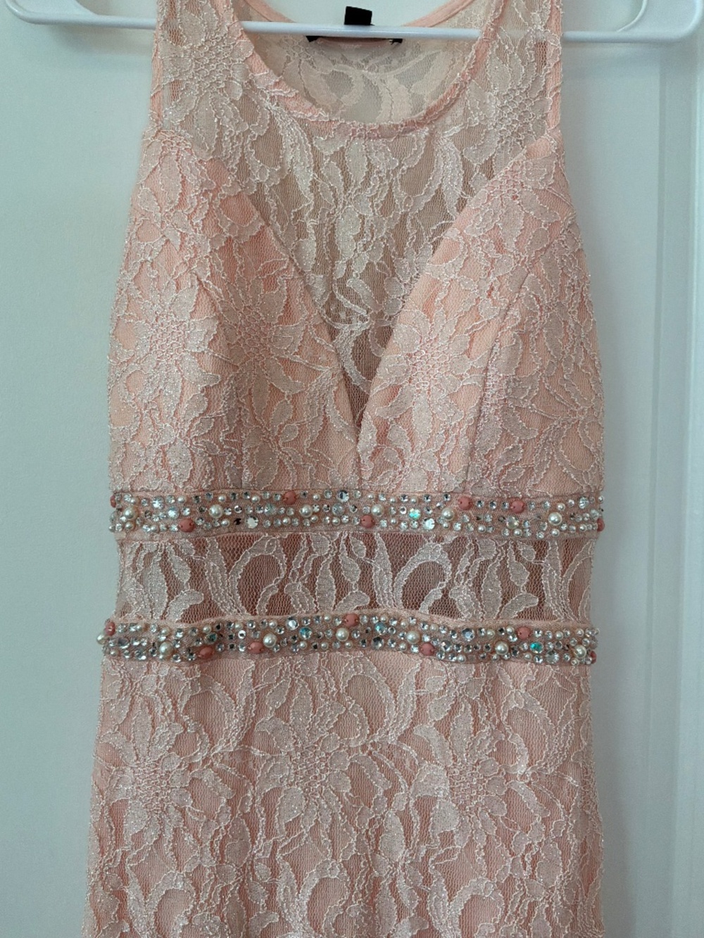 Stunning Blush Pink Lace Maxi Dress, Size 5—expertly altered for a petite fit